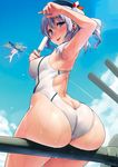 :p aircraft airplane akitsushima_(kantai_collection) arched_back arm_up armpits ass ass_support bare_arms bare_shoulders beret black_hat blue_eyes blue_sky bow breasts cannon chibi chibi_inset cloud competition_swimsuit cowboy_shot day detexted eyebrows eyebrows_visible_through_hair food from_behind hat hat_bow highres holding holding_food kantai_collection kashima_(kantai_collection) kekemotsu large_breasts lens_flare light_rays looking_at_viewer looking_back machinery melting multiple_girls nishikitaitei-chan one-piece_swimsuit outdoors perky_breasts popsicle propeller scan short_twintails silver_hair sitting sky sunlight swimsuit thighs third-party_edit tongue tongue_out turret twintails wavy_hair white_swimsuit 