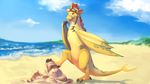  adine_(awsw) angels_with_scaly_wings beach cloud dragon eyewear female goggles red_eyes rock sea seaside sky smile solo water wings 