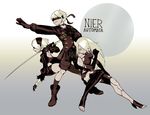  2girls android armlet bad_id bad_pixiv_id blindfold blue_eyes boots breasts buttons choker collarbone dress elbow_gloves feather-trimmed_sleeves gloves gradient gradient_background high_heels highres juliet_sleeves katana knees long_hair long_sleeves mole mole_under_mouth multiple_girls nier_(series) nier_automata pale_skin patterned_clothing puffy_sleeves shiny shiny_clothes shiny_skin short_hair shorts strap sword tank_top text_focus title trio weapon white_hair yorha_no._2_type_b yorha_no._9_type_s yorha_type_a_no._2 