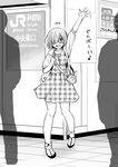  :d bag breasts casual dress fate/grand_order fate_(series) glasses greyscale hair_over_one_eye handbag hijiri_tsukasa hood hooded_jacket jacket looking_at_viewer mash_kyrielight medium_breasts monochrome open_mouth plaid plaid_dress short_hair smile solo_focus translated waving 