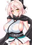  ahoge alternate_breast_size black_bow black_scarf blush bow breasts closed_mouth commentary_request cowboy_shot fate_(series) fundoshi groin hair_between_eyes hair_bow highres japanese_clothes kimono koha-ace large_breasts looking_at_viewer obi okita_souji_(fate) okita_souji_(fate)_(all) pink_hair sankakusui sash scarf short_hair short_kimono sideboob smile solo yellow_eyes 