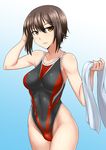 bangs black_hair black_swimsuit blue_background breasts breasts_apart brown_eyes collarbone commentary_request competition_swimsuit girls_und_panzer gradient gradient_background groin hair_between_eyes hand_on_own_head hand_up highleg highleg_swimsuit highres holding iron_cross kunashiri_(etorofu) looking_at_viewer medium_breasts nishizumi_maho one-piece_swimsuit parted_lips short_hair sidelocks skin_tight solo standing swimsuit towel wet wet_clothes wet_hair white_towel 