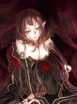  1girl assassin_of_red black_hair breasts brown_eyes cleavage detached_sleeves dress fate/apocrypha fate_(series) frills open_mouth pointy_ears very_long_hair 