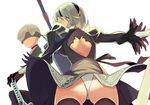  1koma ass black_dress black_gloves black_hairband blindfold cleavage_cutout comic covered_eyes dress feather-trimmed_sleeves gloves hairband highleg highleg_leotard leotard long_sleeves mole mole_under_mouth nier_(series) nier_automata short_hair silver_hair sword thighhighs weapon white_background white_leotard yorha_no._2_type_b yorha_no._9_type_s yuuki_(irodo_rhythm) 