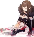  1girl amakusa_shirou_(fate) black_dress black_hair breasts bridal_gauntlets cleavage dark_skin dress elbow_gloves fate/apocrypha fate_(series) fur_trim gloves highres lap_pillow large_breasts long_hair pointy_ears ponita ponytail semiramis_(fate) smile very_long_hair white_background white_hair yellow_eyes 