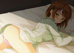 ass bed blush brown_hair commentary_request fever green_eyes highres imouto-chan_to_taka-kun looking_at_viewer looking_back lying no_pants on_bed on_stomach original pajamas panties pink_panties polka_dot_pajamas short_hair sick solo thermometer underwear uzuki_hiro 