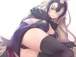  angry asarokuji ass black_panties blonde_hair blush breasts fate/grand_order fate_(series) hair_over_one_eye headpiece highres jeanne_d'arc_(alter)_(fate) jeanne_d'arc_(fate)_(all) large_breasts long_hair looking_at_viewer lying panties pantyshot pantyshot_(lying) simple_background solo thighhighs underwear white_background yellow_eyes 