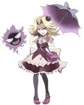  :d ^_^ animal_themed_umbrella armpits bag bare_arms black_eyes black_legwear blonde_hair closed_eyes collarbone commentary_request enperuto_(yarumi) fangs frills full_body gastly gen_1_pokemon gloves hair_intakes hair_ornament hand_up handbag highres holding holding_umbrella kikuko_(pokemon) looking_at_viewer mary_janes open_mouth pantyhose pokemon pokemon_(creature) pokemon_(game) pokemon_rgby purple_footwear purple_gloves shoes short_hair sleeveless smile standing themed_object transparent_background umbrella v-shaped_eyebrows younger 