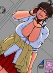  amaha_masane breasts brown_hair dutch_angle large_breasts no_bra papepox2 smartphone smile witchblade 