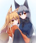  animal_ears bangs black_legwear black_neckwear black_shirt blazer blonde_hair blue_background blush brown_eyes closed_mouth commentary_request eyebrows_visible_through_hair ezo_red_fox_(kemono_friends) fox_ears fox_girl fox_tail gradient_hair hair_between_eyes highres jacket kemono_friends long_hair looking_at_viewer looking_back multicolored_hair multiple_girls necktie pantyhose parted_lips pleated_skirt shirt signature silver_fox_(kemono_friends) silver_hair skirt surume_aburi tail twitter_username white_skirt yellow_eyes 