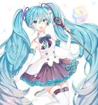  :d absurdly_long_hair aqua_eyes aqua_hair bangs beamed_eighth_notes boots bow bowtie detached_sleeves dress elbow_gloves fingerless_gloves gloves hair_between_eyes hatsune_miku highres long_hair looking_at_viewer magical_mirai_(vocaloid) microphone multicolored_neckwear musical_note open_mouth protected_link red_ribbon red_skirt ribbon rod skirt sleeves_past_wrists smile sparkle thigh_boots thighhighs twintails very_long_hair vocaloid wand white_dress white_footwear white_gloves white_legwear zettai_ryouiki 