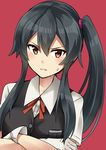  alternate_costume black_hair black_vest blouse commentary_request cosplay crossed_arms gloves hagikaze_(kantai_collection) hagikaze_(kantai_collection)_(cosplay) hair_between_eyes highres kamelie kantai_collection long_hair neck_ribbon ponytail pun red_background red_eyes red_ribbon ribbon scrunchie short_sleeves side_ponytail simple_background solo sweat vest white_blouse white_gloves yahagi_(kantai_collection) 