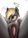  2017 amber_eyes blonde_hair clitoris derpy_hooves_(mlp) english_text equine female feral friendship_is_magic hair horse jeki looking_at_viewer mammal my_little_pony pony pussy simple_background solo spread_pussy spreading text white_background 