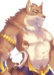  2017 abs anthro biceps canine digital_media_(artwork) ear_piercing hachi_duchi male mammal muscular muscular_male nipples pecs piercing puzzle_&amp;_dragons set set_(p&amp;d) solo video_games 