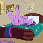  2017 anus bed blush butt clock cuckoo_clock cutie_mark equine female feral friendship_is_magic graboiidz hair horse inside looking_at_viewer looking_back lying mammal multicolored_hair my_little_pony on_back on_bed pony purple_eyes pussy solo twilight_sparkle_(mlp) 