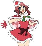  1girl blue_eyes breasts capelet christmas dress gloves hair_ornament hat open_mouth red_hair ribbon rose_(tales) santa_hat short_hair tales_of_(series) tales_of_zestiria 