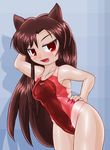  animal_ears brown_hair competition_swimsuit cowboy_shot fang fingernails hand_behind_head hand_on_hip highleg highleg_swimsuit imaizumi_kagerou long_fingernails long_hair looking_at_viewer one-piece_swimsuit open_mouth red_eyes red_swimsuit solo swimsuit touhou winn wolf_ears 