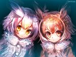  :&lt; :o aqua_background artist_name black_background blonde_hair blush brown_coat brown_hair buttons coat eurasian_eagle_owl_(kemono_friends) expressionless eyebrows_visible_through_hair eyelashes fur_collar gradient gradient_background grey_hair head_wings highres hinasumire kemono_friends light_brown_hair long_sleeves looking_at_viewer multicolored multicolored_background multicolored_hair multiple_girls northern_white-faced_owl_(kemono_friends) open_mouth orange_eyes orange_hair short_hair signature two-tone_background upper_body white_coat white_hair wings yellow_eyes 
