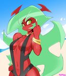  2017 accessories beach bikini breasts clothing demon female fluffbug green_eyes green_hair grin hair horn humanoid jewelry long_hair middle_finger midriff navel necklace panty_and_stocking_with_garterbelt red_skin scanty seaside smile solo spiky_hair succubus swimsuit yellow_eyes 