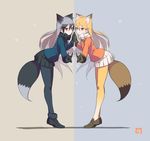  absurdres animal_ears black_bow black_gloves black_skirt blonde_hair blush bow bowtie ezo_red_fox_(kemono_friends) fami_(yellow_skies) fox_ears fox_shadow_puppet fox_tail gloves hair_between_eyes highres jacket japari_symbol kemono_friends long_hair long_sleeves looking_at_viewer multicolored_hair multiple_girls pantyhose pleated_skirt silver_fox_(kemono_friends) skirt symmetrical_pose tail translated two-tone_background 