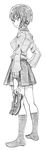  bbb_(friskuser) breasts from_side girls_und_panzer greyscale hand_on_hip holding holding_shoes kuromorimine_school_uniform large_breasts long_sleeves looking_at_viewer looking_back monochrome nishizumi_maho pleated_skirt school_uniform shoes shoes_removed skirt socks solo standing white_background 