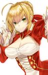  ahoge bangs blonde_hair blush braid breasts cleavage closed_mouth commentary_request dress epaulettes fate/extra fate_(series) frilled_sleeves frills green_eyes hair_intakes highres juliet_sleeves large_breasts long_sleeves looking_at_viewer nero_claudius_(fate) nero_claudius_(fate)_(all) onineko-chan puffy_sleeves red_dress self_shot sideboob solo upper_body v 
