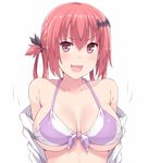  :3 :d bare_shoulders bat_hair_ornament bikini_top breasts fang gabriel_dropout hair_ornament hair_rings hasu_(hk_works) kurumizawa_satanichia_mcdowell large_breasts open_mouth pink_eyes red_hair short_hair simple_background smile solo underboob upper_body v-shaped_eyebrows white_background 