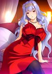  black_legwear breasts commentary_request dragon@harry dress hairband highres idolmaster idolmaster_(classic) jewelry large_breasts long_hair necklace pearl_necklace purple_eyes red_dress shijou_takane silver_hair solo thighhighs 