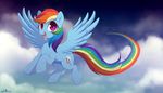  2017 blue_feathers cloud cutie_mark equine eyelashes feathered_wings feathers female feral flying friendship_is_magic hair hooves long_hair looking_at_viewer mammal momomistress multicolored_hair multicolored_tail my_little_pony night open_mouth open_smile outside pegasus pink_eyes rainbow_dash_(mlp) rainbow_hair rainbow_tail sky smile solo star starry_sky wings 