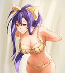  adjusting_bra adjusting_clothes antenna_hair arms_behind_back beige_bra beige_panties blazblue blue_hair bow bra breasts cleavage closed_mouth collarbone cowboy_shot dressing frown genderswap genderswap_(mtf) groin hair_between_eyes hair_bow highres indoors large_breasts leaning_forward lingerie long_hair mai_natsume navel panties ponytail purple_eyes removing_bra ribbon sendrawz sidelocks solo standing underwear underwear_only very_long_hair yellow_bow 