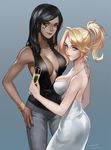  black_hair blonde_hair breasts center_opening cleavage cup dark_skin dress drinking_glass facial_tattoo formal looking_at_viewer medium_breasts mercy_(overwatch) momori multiple_girls overwatch pharah_(overwatch) smile tattoo white_dress wine_glass 