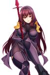  armor bodysuit breasts commentary_request covered_navel fate/grand_order fate_(series) gae_bolg holding holding_weapon large_breasts long_hair looking_at_viewer miyashiro_sousuke pauldrons polearm purple_bodysuit purple_hair red_eyes scathach_(fate)_(all) scathach_(fate/grand_order) shoulder_armor solo spear weapon 