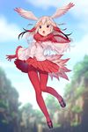  :o bangs black_footwear blunt_bangs blurry blurry_background blush breasts buttons cameltoe cloud crotch_seam day flying frilled_sleeves frills full_body fur_trim gloves head_wings highres japanese_crested_ibis_(kemono_friends) kemono_friends knees_together_feet_apart long_hair long_sleeves looking_afar mary_janes medium_breasts midriff_peek multicolored_hair nature neck_ribbon open_mouth outdoors pantyhose pleated_skirt pleated_sleeves red_gloves red_hair red_legwear red_ribbon red_skirt ribbon shirt shoes skirt solo streaked_hair sunlight tail tail_feathers thigh_gap tongue upskirt warabimochi_kinako white_hair white_shirt wide_sleeves yellow_eyes 