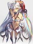  altera_(fate) arm_up bad_id bad_pixiv_id bare_shoulders black_legwear closed_mouth commentary_request dark_skin detached_sleeves fate/extella fate/extra fate/grand_order fate_(series) from_above highres holding holding_sword holding_weapon kaigo midriff navel photon_ray red_eyes short_hair simple_background solo sword veil weapon white_hair 
