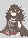  1girl assassin_of_red bare_shoulders black_hair breasts brown_eyes choker dress fate/apocrypha fate_(series) frills grey_background pointy_ears very_long_hair 