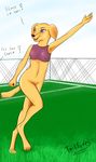  2017 anthro armpits barefoot breasts canine clothing dialogue digital_media_(artwork) english_text female hi_res mammal nude open_mouth pantyless running simple_background small_breasts smile solo sport tailsoft text 