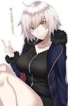  =3 ahoge bangs black_dress blush breasts closed_mouth collarbone commentary_request dress fate/grand_order fate_(series) fur_trim highres jacket jeanne_d'arc_(alter)_(fate) jeanne_d'arc_(fate)_(all) jewelry large_breasts long_sleeves looking_at_viewer necklace onineko-chan open_clothes open_jacket pale_skin short_dress short_hair silver_hair sitting solo translation_request wicked_dragon_witch_ver._shinjuku_1999 yellow_eyes 