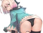  ahoge asarokuji ass bent_over black_legwear black_panties blush fate_(series) from_behind green_eyes half_updo japanese_clothes koha-ace looking_at_viewer looking_back okita_souji_(fate) okita_souji_(fate)_(all) open_mouth panties pantylines pink_hair scarf short_hair skindentation solo thighhighs underwear upskirt 