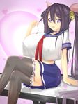  1girl adjusting_hair ariane_cevaille breasts erect_nipples garters hair_ornament hair_ribbon huge_breasts legs_crossed long_hair looking_at_viewer magister_(medical_whiskey) necklace open_mouth pantyhose purple_eyes purple_hair school_uniform serafuku sitting 