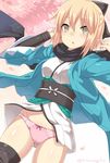  ahoge blonde_hair blush bow breasts commentary_request fate_(series) hair_bow japanese_clothes koha-ace looking_at_viewer medium_breasts okita_souji_(fate) okita_souji_(fate)_(all) panties pink_panties sash scarf short_hair solo thighhighs torimaru underwear yellow_eyes 