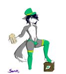  2017 alcohol anthro beverage blue_hair box canine clothed clothing cup erection fox fur girly grey_fur hair hat holidays humanoid_penis legwear looking_at_viewer male mammal multicolored_fur nipples panties penis purple_nose simple_background skimpy solo st._patrick&#039;s_day susona thigh_highs two_tone_fur underwear white_background white_fur 