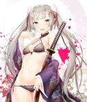  1girl 47agdragon bangs bare_shoulders black_bra black_panties blush bow bow_panties bra breasts choker commentary_request eyebrows_visible_through_hair fangs floral_print front-tie_top hair_ribbon highres holding holding_sword holding_weapon horns japanese_clothes katana kimono long_hair long_sleeves looking_at_viewer navel off_shoulder oni oni_horns open_clothes open_kimono open_mouth original panties pointy_ears red_eyes red_ribbon ribbon sheath sheathed silver_hair small_breasts smile solo standing sword twintails underwear very_long_hair weapon wide_sleeves 