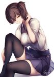  artist_name black_legwear blue_skirt breasts brown_eyes brown_hair hakama_skirt hand_in_hair hand_on_own_leg japanese_clothes kaga_(kantai_collection) kantai_collection kyouya_(mukuro238) large_breasts looking_at_viewer parted_lips shadow short_hair side_ponytail simple_background sitting skindentation skirt solo thighhighs wide_sleeves 