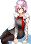 body_mahattaya_ginga breast_squeeze breasts fate/grand_order fate_(series) glasses hair_over_one_eye hood hoodie large_breasts lavender_hair mash_kyrielight necktie pantyhose purple_eyes red-framed_eyewear simple_background skirt smile solo white_background 