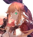  aqua_eyes azarea black_gloves breasts brown_hair cape clarisse_(granblue_fantasy) gloves granblue_fantasy green_eyes hair_ribbon long_hair looking_at_viewer medium_breasts one_eye_closed orange_hair ponytail ribbon smile solo 