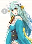  1girl :o aqua_kimono bangs bare_shoulders breasts closed_fan commentary_request dragon_girl dragon_horns eyebrows_visible_through_hair eyelashes eyes_visible_through_hair fan fate/grand_order fate_(series) folding_fan green_eyes green_hair hair_between_eyes hair_ornament hair_over_shoulder highres holding holding_fan horns japanese_clothes kimono kiyohime_(fate/grand_order) large_breasts long_hair long_sleeves looking_at_viewer nanakaku obi off_shoulder open_mouth raised_eyebrows sash simple_background solo speech_bubble spoken_exclamation_mark surprised teeth white_background wide_sleeves 