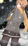 bad_id bad_pixiv_id bow breasts brown_hair grey_eyes hair_ornament highres kantai_collection large_breasts looking_back moon pantyhose pleated_skirt scarf skirt smile snow solo suzuharu_toufu teruzuki_(kantai_collection) 