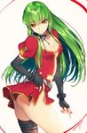  ass black_gloves breasts c.c. cleavage code_geass commentary_request cosplay creayus dress earrings eclair_(kiddy_grade) eclair_(kiddy_grade)_(cosplay) elbow_gloves fingerless_gloves gloves green_hair hand_on_hip jewelry kiddy_grade lipstick_tube long_hair medium_breasts nail_polish navel red_nails simple_background single_thighhigh solo thighhighs twitter_username white_background yellow_eyes 