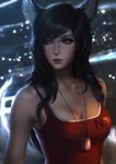  ahri animal_ears black_hair blue_eyes breasts cleavage crossover dog_tags fox_ears fox_tail highres league_of_legends long_hair mass_effect md5_mismatch medium_breasts n7_armor raikoart solo tail whisker_markings 