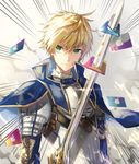  ahoge apple_inc. armor arthur_pendragon_(fate) blonde_hair card excalibur_(fate/prototype) fate/grand_order fate/prototype fate_(series) gauntlets gift_card green_eyes highres male_focus pauldrons smile solo sword weapon 